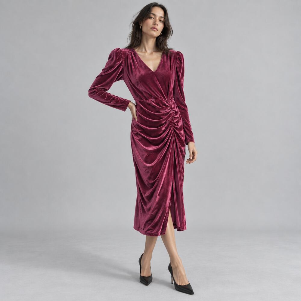 Rachel Parcell Purple Velvet Sheath Coctail Puff Sleeve V-neck Midi Dress M